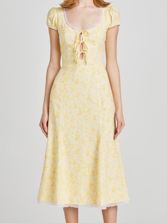 Wayf Dresses & Skirts - WAYF Yellow Floral Lace Up Midi Dress Puff Sleeve Lined Cottagecore Size M